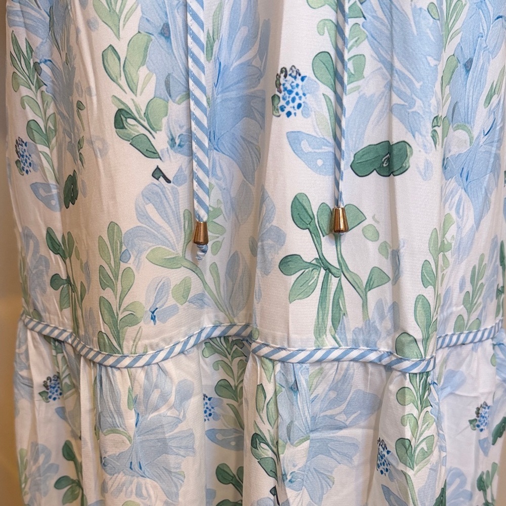 Blue Green Floral Tiered Mini Dress Flutter Sleeve Boho Cottagecore L - Picture 2 of 7
